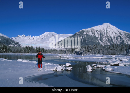 Man Cross Country Skiing Mendenhall Lake SE Winter Stock Photo