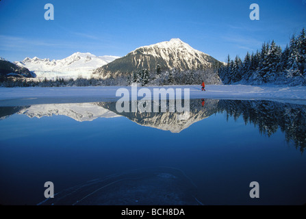 Man Cross Country Skiing Mendenhall Lake SE Winter Stock Photo