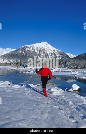 Man Cross Country Skiing Mendenhall Lake SE Winter Stock Photo