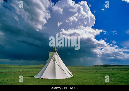 Tipi on the prairie with thunderstorm at Agate Fossil Beds National Monument Sioux County Nebraska BEAN ALPix 0083 Stock Photo