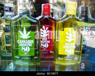 Colorful absinthe on sale in shop window , Barcelona Stock Photo