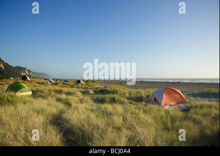 Prairie Creek Redwoods state park, California - Tents camping on dunes at Gold Bluffs Beach campground Stock Photo