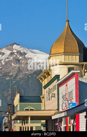 View of the Skagway downtown skyline and Golden North Hotel during Summer in Southeast Alaska Stock Photo