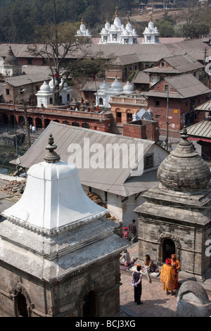 Pashupatinath, Kathmandu, Nepal.  Votive Shrines, Chaityas, Funeral Monuments, Memorials, Overlooking the Temple. Stock Photo
