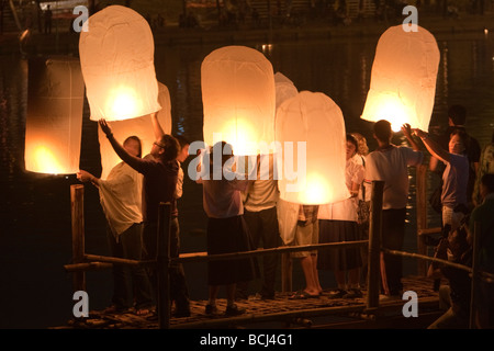 Hot air balloons Loy Krathong festival Nawarat Bridge Chiang Mai Thailand Stock Photo