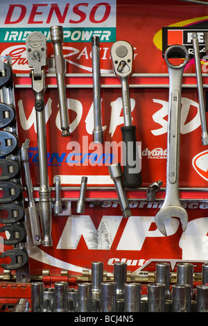 A car mechanic's tools hanging up in a tool box Stock Photo