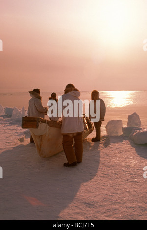 Native Hunters w/ Skin Boat at Whale Camp Barrow AK Arctic Transportation Hunting Group<10 Stock Photo