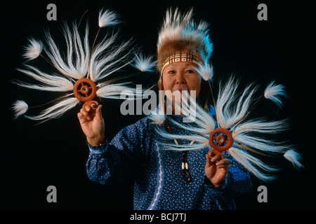 Yupik Woman w/Dance Fans & Regalia SC Alaska studio portrait Stock Photo