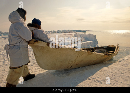 Native Hunters w/ Skin Boat Looking for Whales Barrow AK Stock Photo