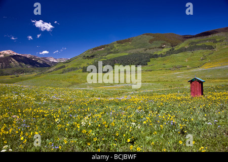 Red outhouse near the horse stables at Mount Crested Butte Colorado USA Stock Photo