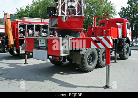 Parade of fire trucks on a city celebration Stock Photo