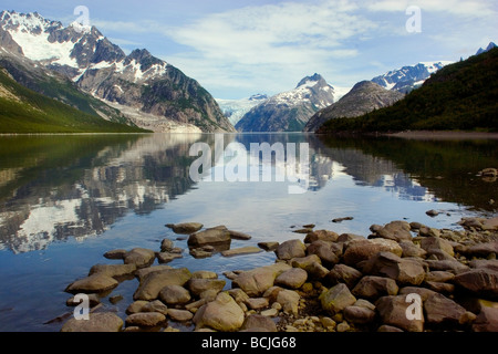 Northwestern Fjord looking towards Northwestern Glacier in the Kenai Fjords National Park in Southcentral Alaska during Summer Stock Photo