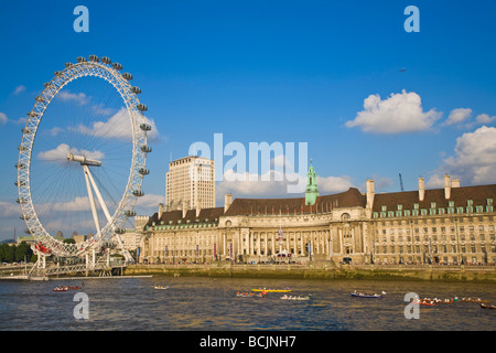 England, London. South Bank, London eye/Millennium Wheel, Thames Festival, The Great River Race Stock Photo