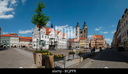 panorama of Market square with Martin Luther statue in Wittenberg Germany May 09 Stock Photo