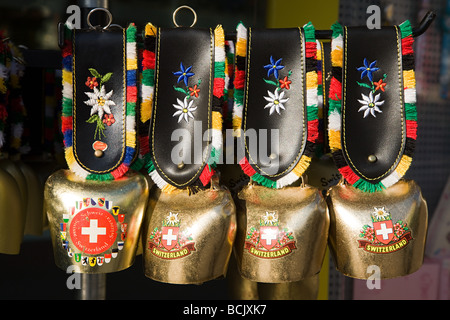 Four swiss cow bells Stock Photo