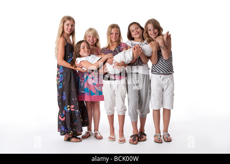 Six girls of 10 years old in a row Stock Photo