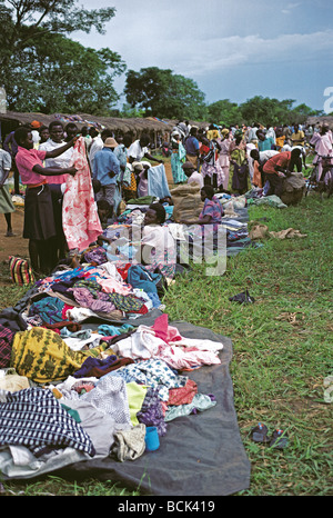 Second hand clothes on sale at market Port Masindi market Uganda East Africa Stock Photo