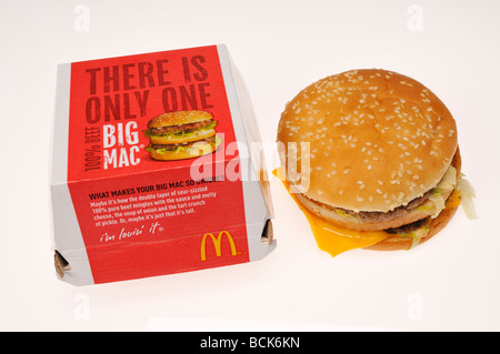 Mcdonalds Big Mac fast food sandwich with container on white background. Stock Photo