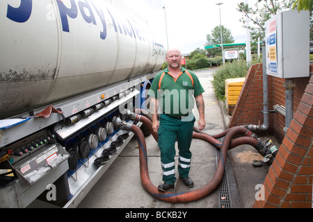 Petrol tanker delivery Tesco filling station Stock Photo