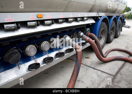 Petrol tanker delivery Tesco filling station Stock Photo