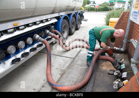 Petrol tanker delivery Tesco filling station Stock Photo