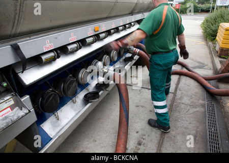 Petrol tanker delivery Tesco filling station Stock Photo