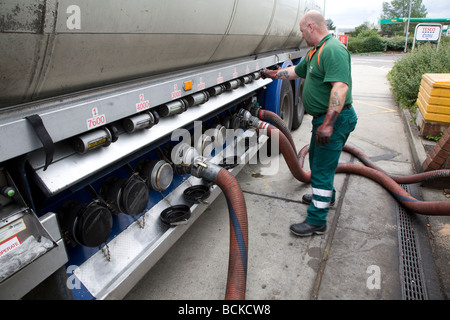 Petrol tanker delivery Tesco filling station Stock Photo