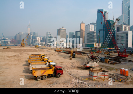 China Hong Kong trucks in the Central district promenade for land reclamation project. Stock Photo