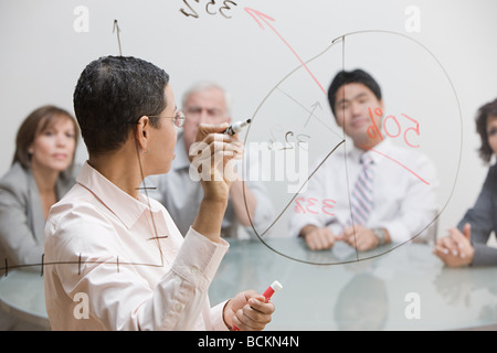 Businesswoman with chart on glass Stock Photo