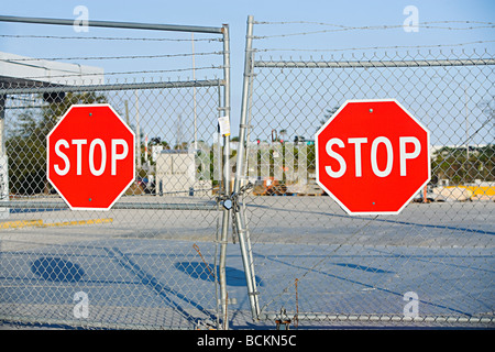 Stop signs on gates Stock Photo