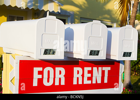 Mailboxes and for rent sign Stock Photo