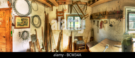 Interior of rustic tool shed Stock Photo