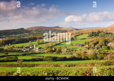 Dartmoor village of Sheepstor surrounded by autumnal rural landscape and backed by wild moorland Dartmoor National Park Devon Stock Photo