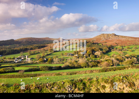 Dartmoor village of Sheepstor surrounded by autumnal rural landscape and backed by wild moorland Dartmoor National Park Devon Stock Photo