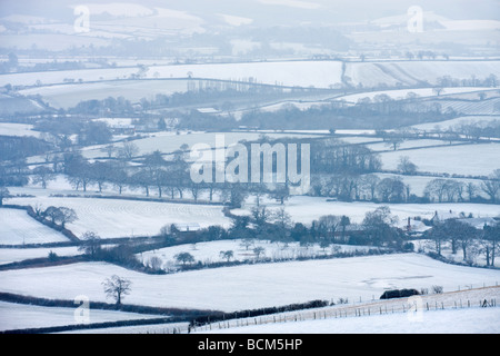 Snow covered mid Devon countryside in Winter near Crediton February 2009 Stock Photo