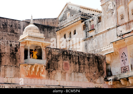 Architectural Style In The Courtyard Of The Amber Fort  Jaipur Rajasthan India Stock Photo