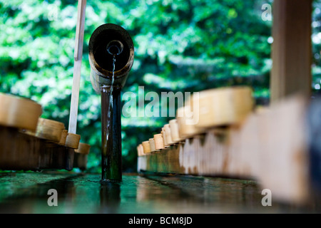 Hand and mouth washing station at Meiji Jingu shrine for people to follow the ritual cleansing before entry into the shrine Stock Photo
