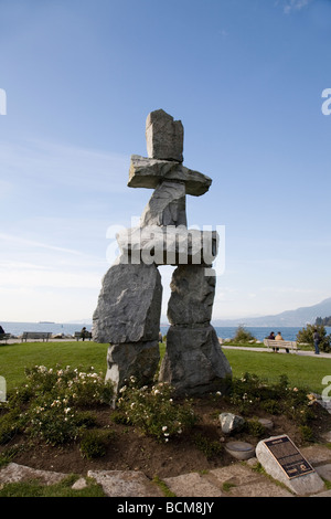 Inukshuk at English Bay Beach Vancouver British Columbia facing west on a summer afternoon Stock Photo