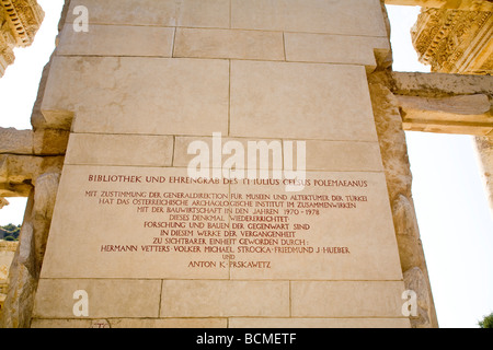 Engraved words on inside wall of Celsus Library Ephesus Stock Photo