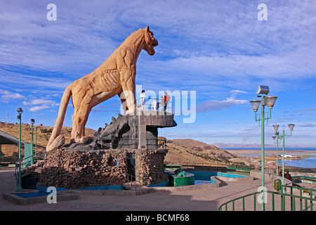 Puma statue at a viewpoint in Puno, Peru Stock Photo