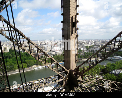 Paris, Eiffel Tower looking out of lift onto River Seine Stock Photo