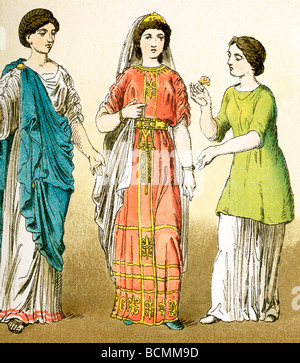 The figures represent three ancient Roman women. The illustration dates ...