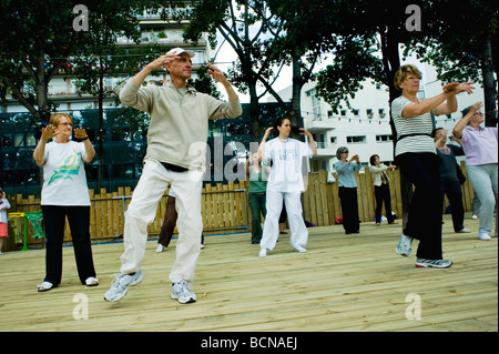 Paris, France, group of French senior people activities Adults, Practicing Chinese Exercise "Tai Chi" at "Paris Plage" Public Event, Summer Festival, Stock Photo