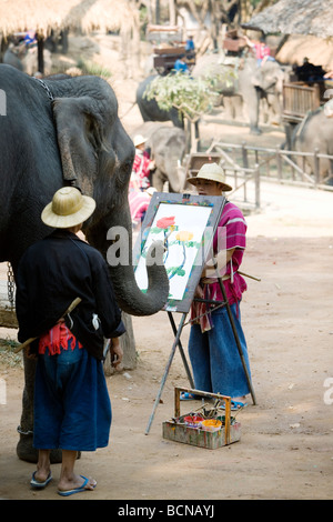 Elephant painting (really !) a picture of flowers in an elephant camp near Chiang Mai, Thailand. Stock Photo