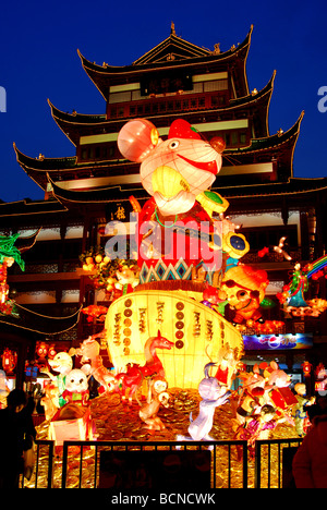 Large light sculpture for the year of Rat in City God Temple during Lantern Festival, Shanghai, China Stock Photo