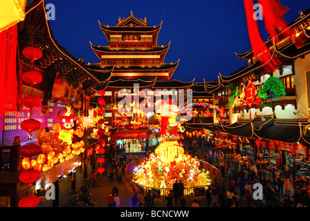 Large light sculptures light the night sky in City God Temple during Lantern Festival, Shanghai, China Stock Photo