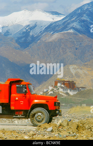 Heavy duty truck working on construction site near Potala Palace, Lhasa, Tibet Autonomous Region, China Stock Photo