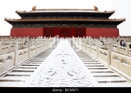 Raised marble platform behind Hall of Preserving Harmony carved with dragon and cloud pattern that only Emperor can pass over Stock Photo