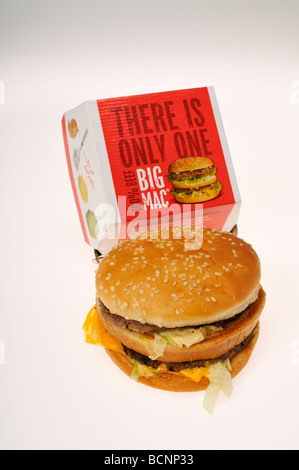 Mcdonalds Big Mac cheeseburger with box used for packaging Stock Photo