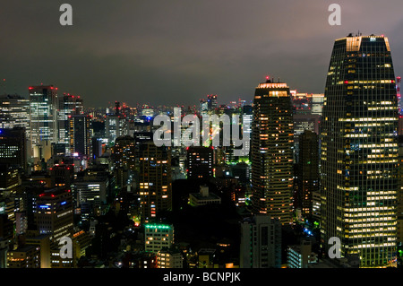 Aerial view of Shiodome district from the broadcasting Tokyo Tower at night Tokyo Japan Stock Photo